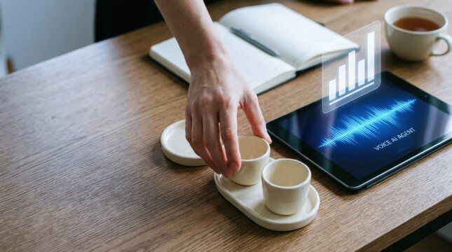 Voice ai agent concept with hand holding cup near tablet showing sound wave and graph on wooden table with notebook and tea cup