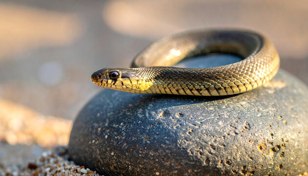 Closeup of a snake resting on a rock.