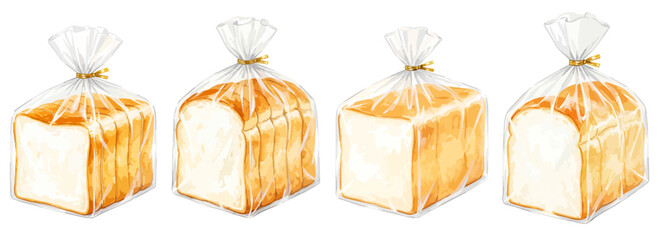 食パンのイラストセット,水彩風の透明パッケージ袋入り角食と山型パン1斤、ベーカリー包装,手描きベクター,パン屋,スーパー © DROP DESIGN STUDIO