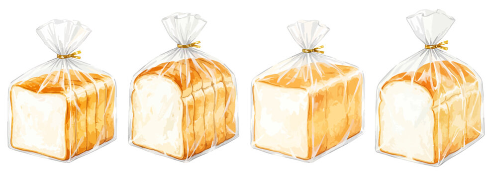 食パンのイラストセット,水彩風の透明パッケージ袋入り角食と山型パン1斤、ベーカリー包装,手描きベクター,パン屋,スーパー
