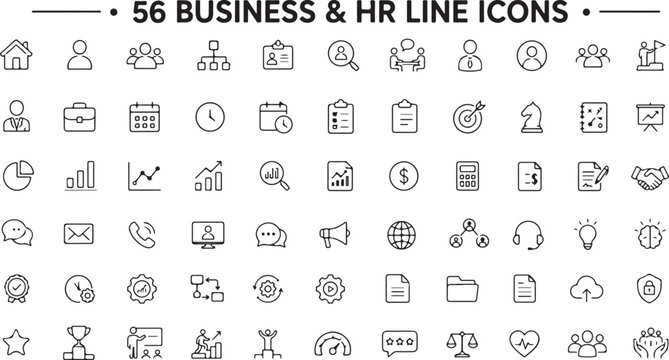 Set of 56 hand drawn business and human resources line icons for corporate projects