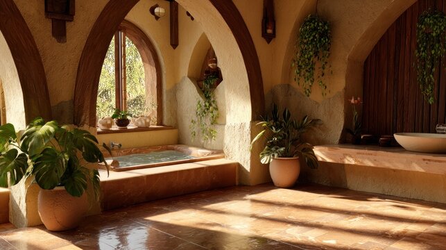 Interior of a rustic, organically styled bathroom featuring a sunken tub and natural light