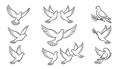 Fototapeta premium Hand Drawn Dove Outline Icon Set Monochrome Vector Design