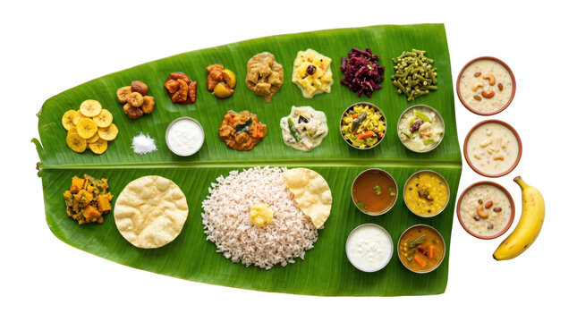 Traditional kerala sadya meal served on a banana leaf isolated on transparent background