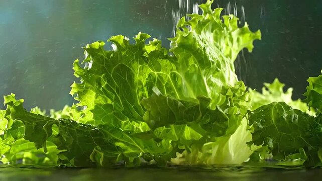 Fresh green lettuce leaves being washed with water spray