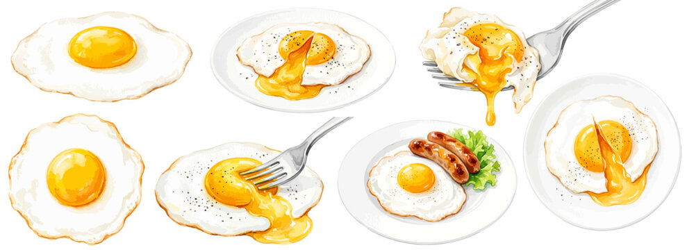 目玉焼きのイラストセット,水彩風の半熟卵とソーセージ朝食プレート、フォークすくい上げと黄身とろーり素材集,手描きベクター,カフェモーニングメニュー