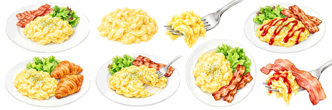 スクランブルエッグのイラストセット,水彩風の朝食プレートとクロワッサン、ベーコンやフォークすくい上げ素材集,手描きベクター,カフェモーニングの卵料理