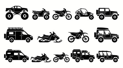 Collection of black silhouette icons representing various off-road vehicles and recreational transport. © yoga