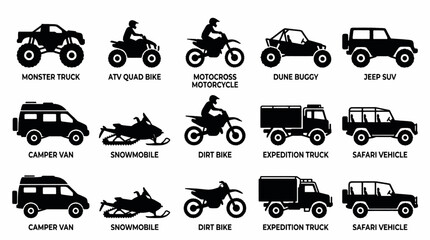 Collection of black and white vector icons representing various types of vehicles and transportation modes. © yoga