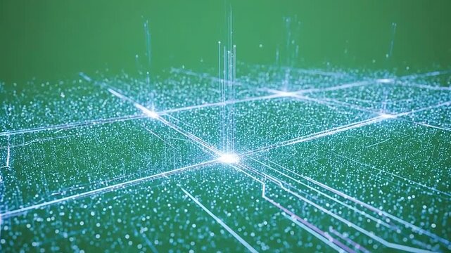 Abstract digital network with glowing blue particles on green background