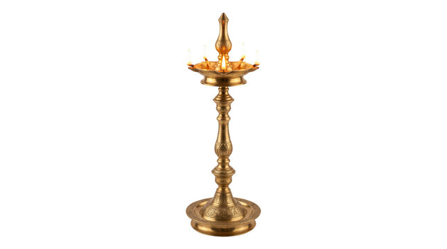 Traditional brass oil lamp or diya, a symbol of light and prosperity, isolated on transparent background