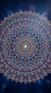 Intricate colorful mandala pattern on dark blue background