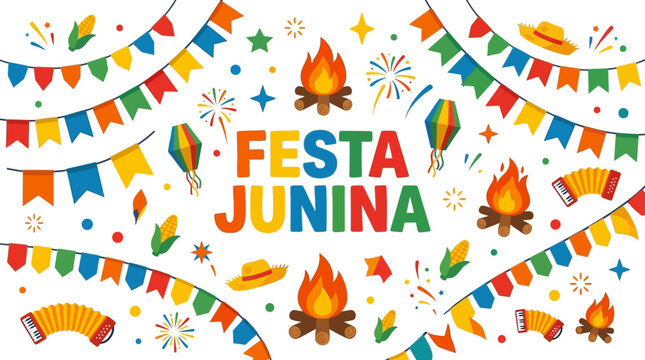 Colorful festa junina celebration with flags bonfire and corn icons