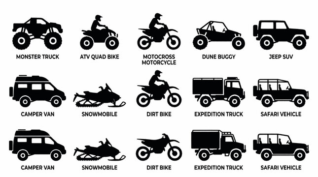 Collection of black and white vector icons representing various types of vehicles and transportation modes.