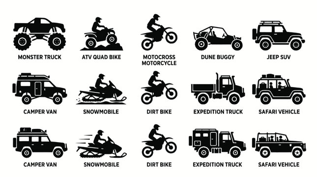 Collection of diverse off-road and recreational vehicles, including ATVs, motorcycles, and trucks.