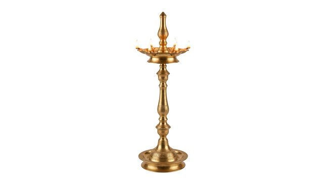 Traditional indian brass oil lamp or diya, also known as nilavilakku, isolated on transparent background