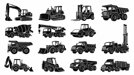 Obraz premium Collection of construction and heavy machinery vehicles, including excavators, bulldozers, and trucks, presented in a clean vector illustration style.