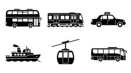 Collection of diverse public transportation vehicles including a double-decker bus, subway train, taxi, ferry, cable car, and standard bus. © yoga
