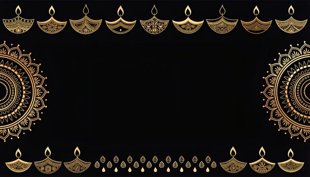 gold Diwali lamp frame on black background