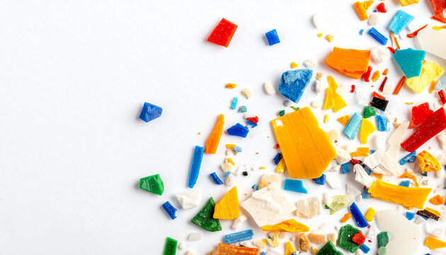 Colorful Plastic Fragments: A vibrant scattering of small, broken pieces of multi-colored plastic on a white background, creating a textured abstract pattern.