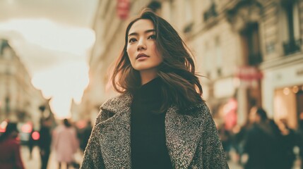 Paris France Europe lifestyle. A portrait of a woman captured in a candid moment on a city street during the golden hour. She stands in the foreground. © rabbit75_fot