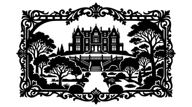 Vintage Style Silhouette of a Grand Mansion in an Ornate Decorative Frame