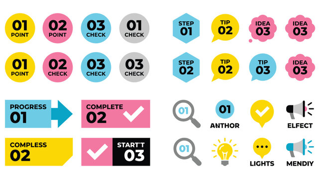 Set of colorful point check labels and process arrow shapes for business presentation info.