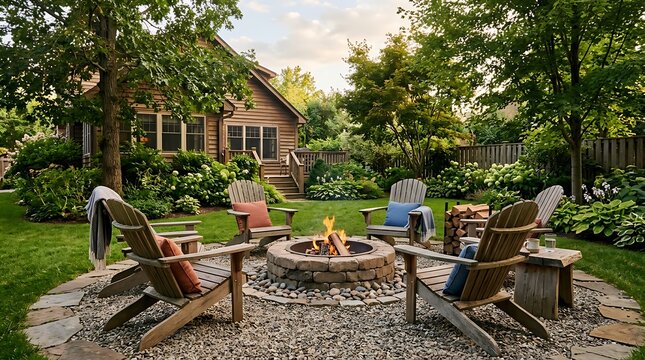 Cozy backyard fire pit with adirondack chairs and garden cottage