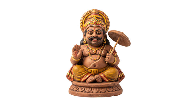 Statue of lord kubera, the hindu god of wealth, sitting in a meditative pose isolated on transparent background