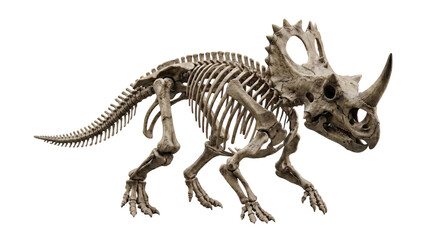 Fototapeta premium Complete fossilized skeleton of a Triceratops dinosaur on a white background.