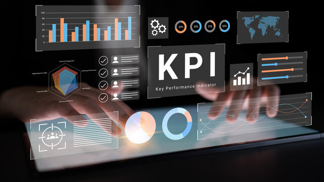 Professional hands interact with a digital dashboard displaying various graphs and charts representing key performance indicators to analyze business metrics effectively. Gantry