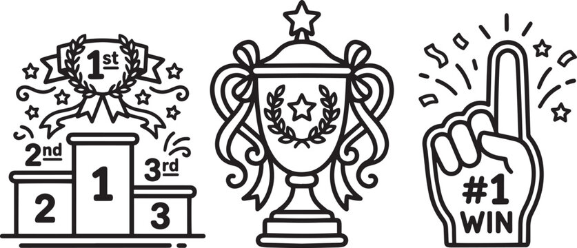 Three distinct outline illustrations representing success achievement victory and competition showcasing a winner's podium trophy cup and a number one foam finger with festive elements