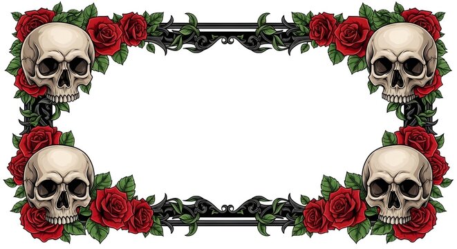 Gothic frame with skulls and red roses