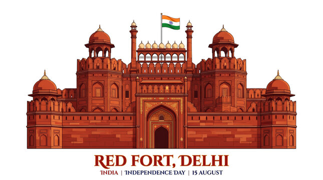 Red fort in delhi, india, a historic fortification, vector illustration for independence day celebration isolated on transparent background