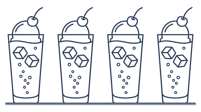 Minimalist line art illustration of four refreshing soda float glasses with ice and cherry.