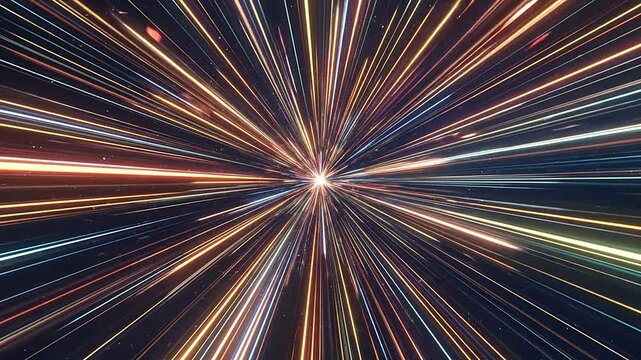Abstract light trails burst from a central point in deep space