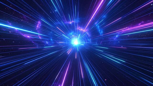 Abstract blue light trails zoom through a dark cosmic space tunnel