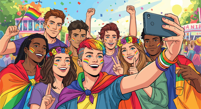 Diverse group taking selfie at pride parade msea set