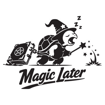 Cute sleepy turtle wizard wearing a hat dragging a heavy magic spell book with a wand Vector