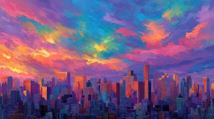Obraz premium Vibrant City Skyline Under Colorful Sunset Sky