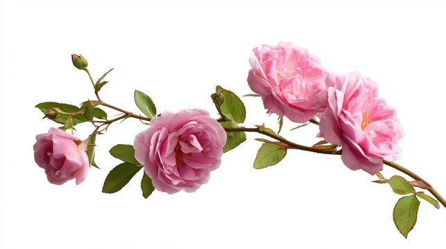 Branch of four pink roses isolated on white background