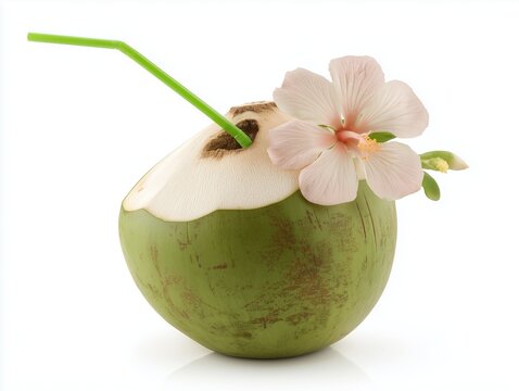 Isolated fresh young coconut water drink with straw and flower
