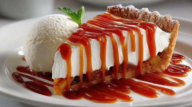 Creamy Cheesecake Slice with Caramel Syrup and Vanilla Ice Cream