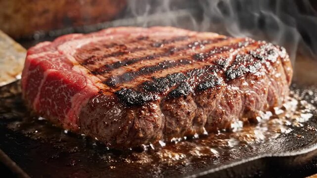 Thick marbled beef steak sizzling on hot cast iron grill