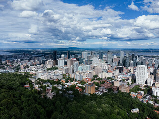 Fototapeta premium Drone view of skyscrapers Montreal downtown. Mont-Royal park, Montreal, Canada