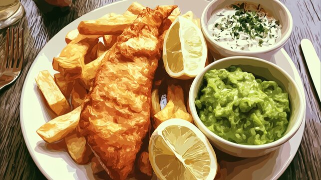 Delicious Traditional Fish And Chips Served With Mushy Peas Abstract