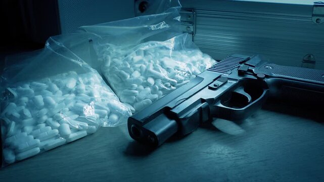 Drugs And Gun By Suitcase, Criminal Activity Scene
