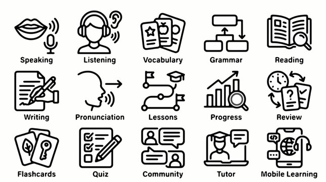 A collection of modern outline icons representing various aspects of language learning, from speaking and listening to grammar and mobile application use.