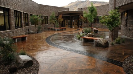 Obraz premium Wet Courtyard with Benches and Trees in Modern Brick Building