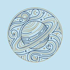A circular illustration of a ringed planet in outer space © Nathan
